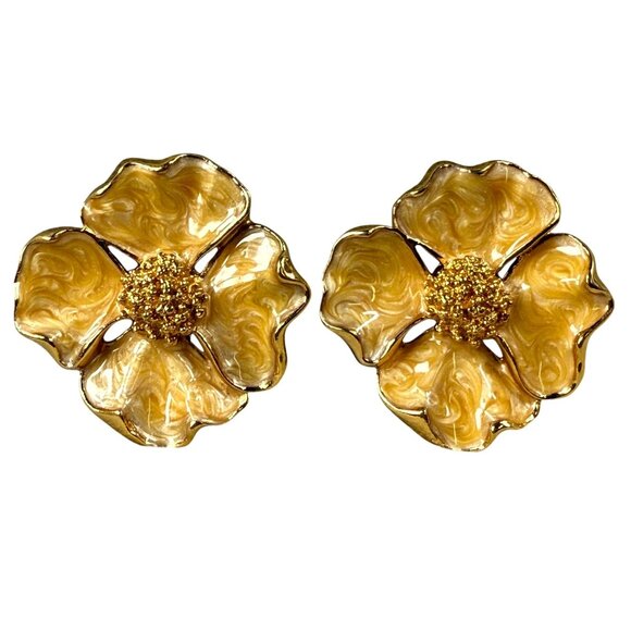 Gold-Tone Enamel Flower Clip-On Earrings Textured Centers Vintage Chunky Retro - Picture 1 of 16